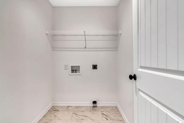 laundry room featuring laundry area, marble finish floor, electric dryer hookup, and baseboards