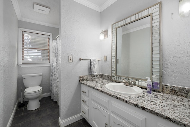 bathroom featuring tile patterned flooring, vanity, toilet, and ornamental molding