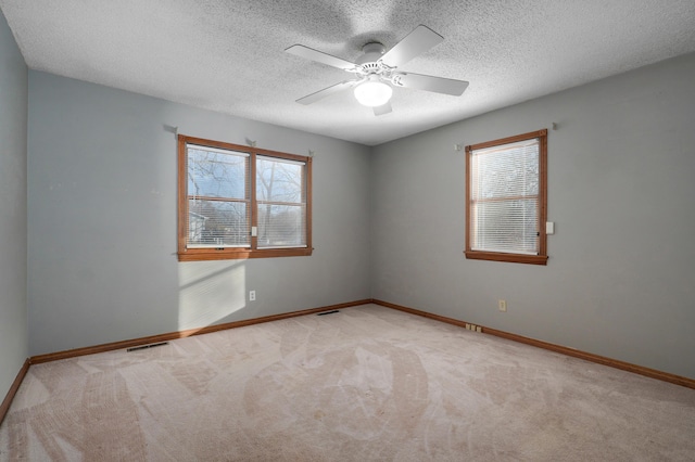 carpeted spare room featuring a textured ceiling, a wealth of natural light, and ceiling fan