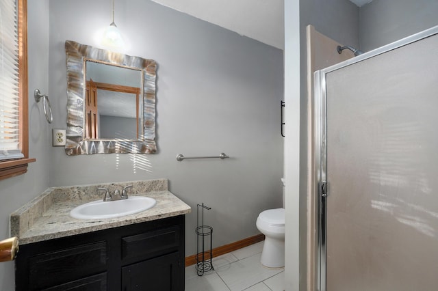 bathroom with tile patterned flooring, vanity, toilet, and walk in shower