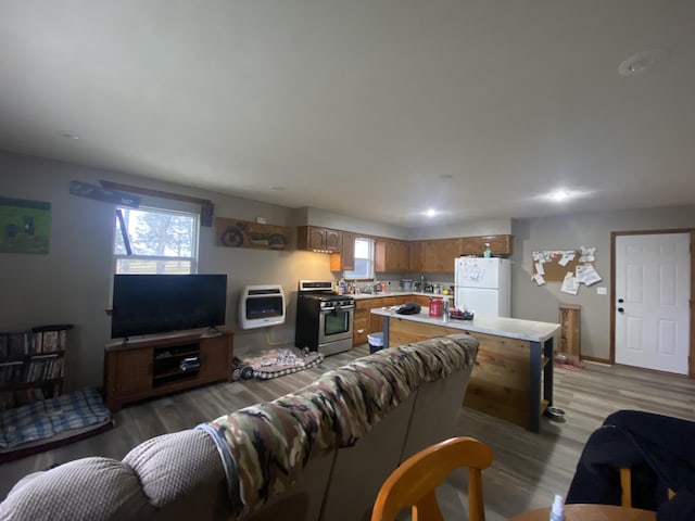 living room featuring heating unit and light hardwood / wood-style floors