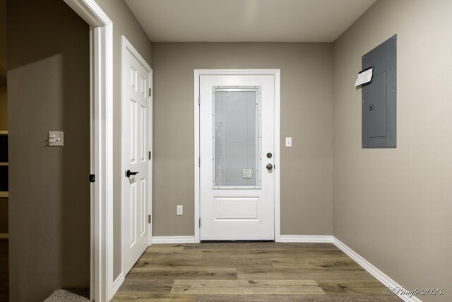 doorway to outside featuring electric panel and light hardwood / wood-style flooring