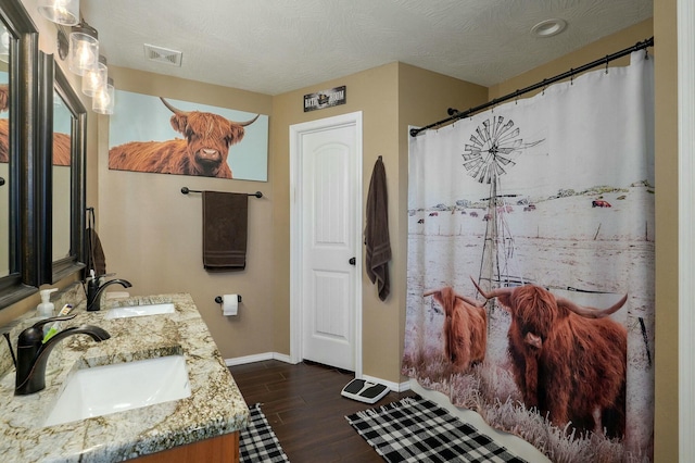 bathroom featuring hardwood / wood-style flooring, vanity, and a textured ceiling