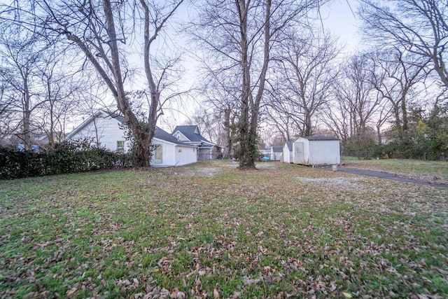 view of yard featuring a storage shed