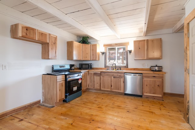 kitchen with light wood-type flooring, wood ceiling, sink, black appliances, and beam ceiling