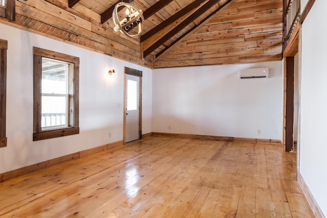 spare room with vaulted ceiling with beams, a wall unit AC, plenty of natural light, and wood ceiling