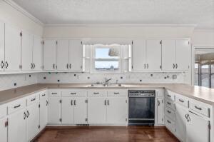 kitchen with white cabinets, black dishwasher, ornamental molding, and sink