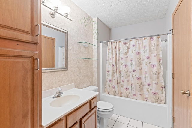 full bathroom with vanity, tile patterned flooring, toilet, shower / bathtub combination with curtain, and a textured ceiling