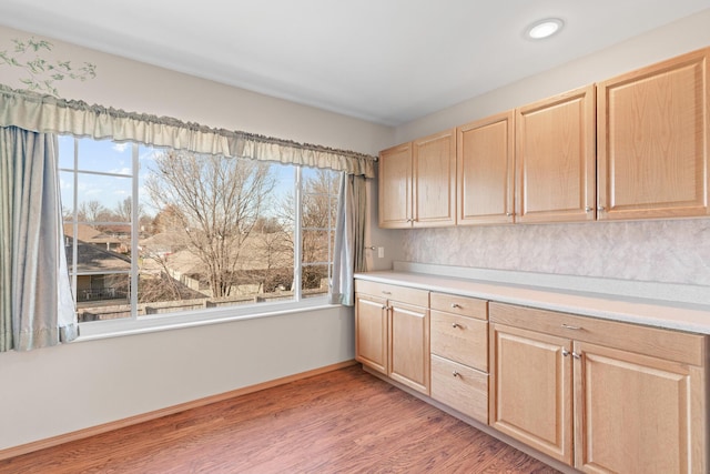 kitchen with light hardwood / wood-style floors, light brown cabinets, and a wealth of natural light