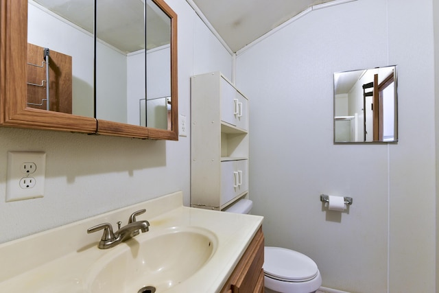 bathroom featuring vanity, vaulted ceiling, and toilet