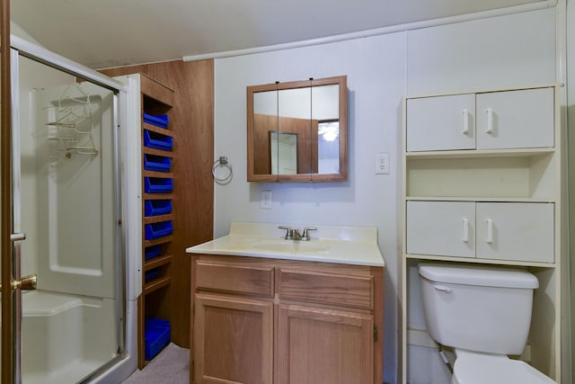 bathroom featuring a shower with door, vanity, and toilet