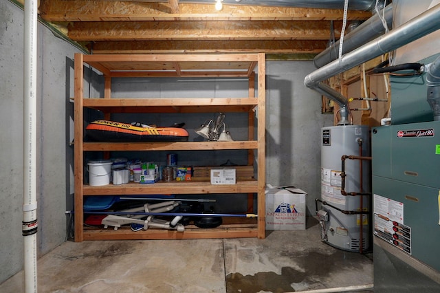 utility room with gas water heater and heating unit