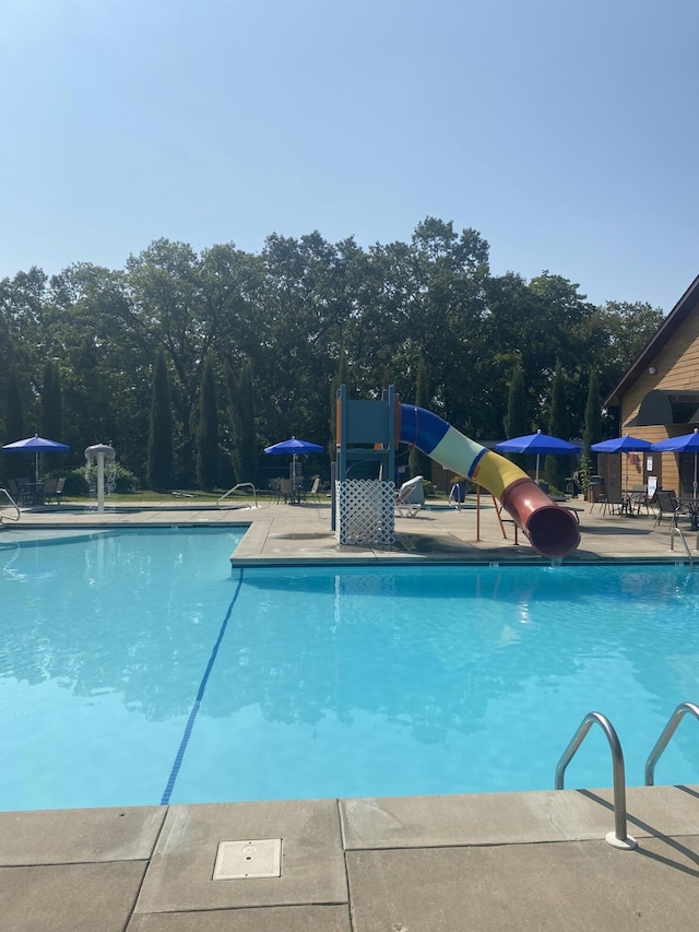 view of pool with a water slide