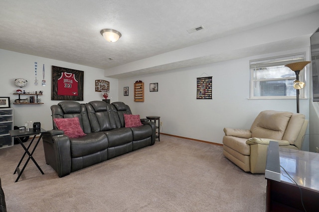 living room featuring a textured ceiling and light colored carpet