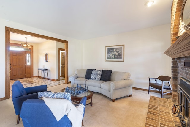 living room with a fireplace and carpet flooring