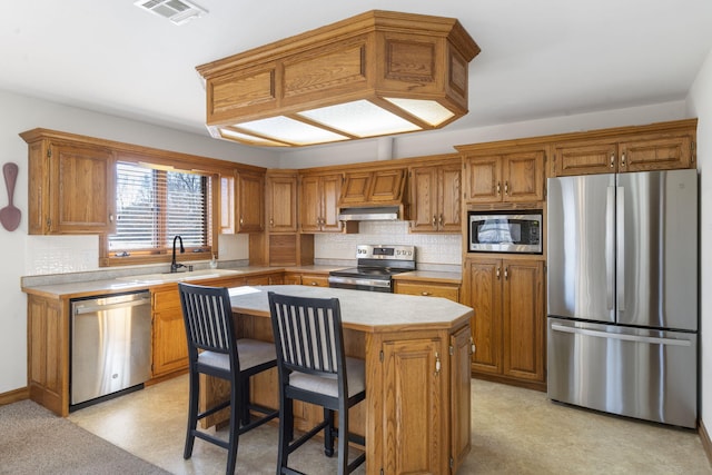 kitchen with sink, a kitchen breakfast bar, backsplash, a kitchen island, and appliances with stainless steel finishes