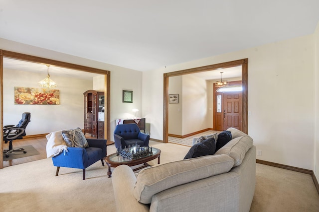 living room featuring light colored carpet