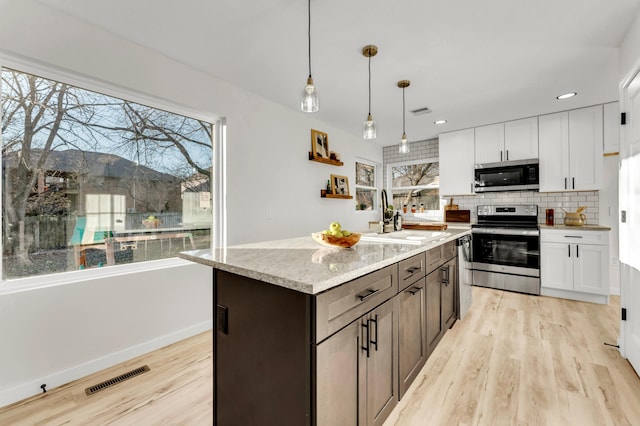 kitchen with visible vents, backsplash, appliances with stainless steel finishes, white cabinets, and a sink