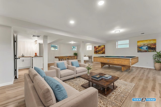 game room with baseboards, visible vents, light wood finished floors, recessed lighting, and pool table