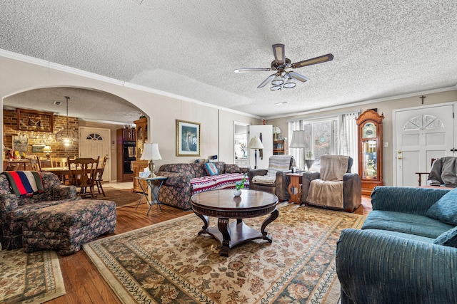 living room featuring ceiling fan, ornamental molding, wood-type flooring, and a textured ceiling