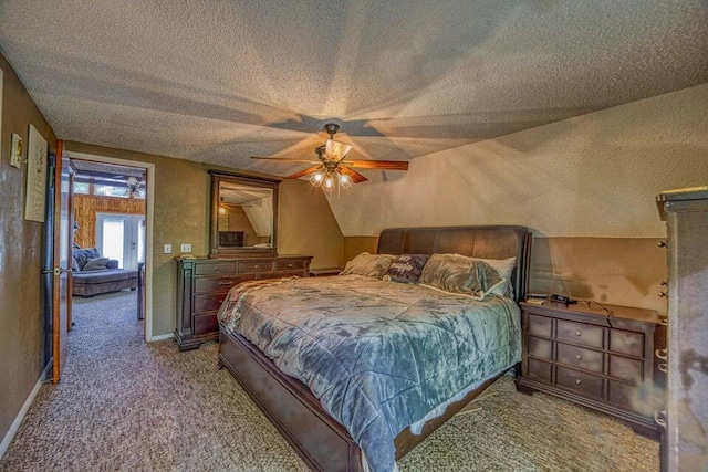 bedroom with vaulted ceiling, ceiling fan, light carpet, and a textured ceiling