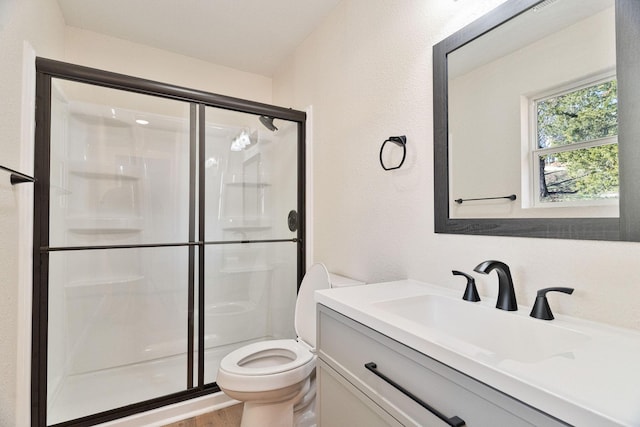 bathroom featuring vanity, toilet, and a shower with shower door