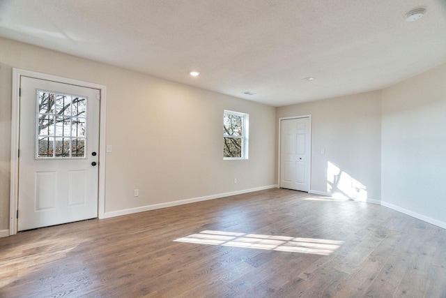 foyer with a healthy amount of sunlight, a textured ceiling, and wood-type flooring