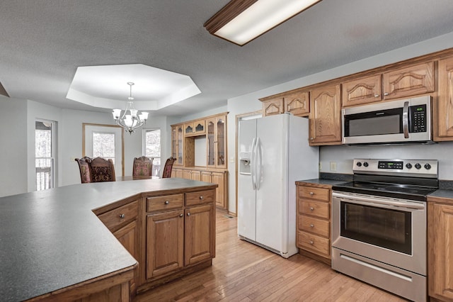 kitchen featuring stainless steel appliances, a tray ceiling, light hardwood / wood-style flooring, a chandelier, and hanging light fixtures