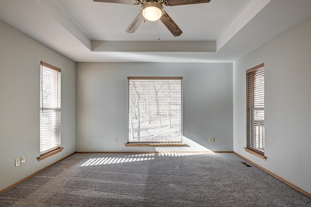 unfurnished room with carpet, a raised ceiling, and ceiling fan