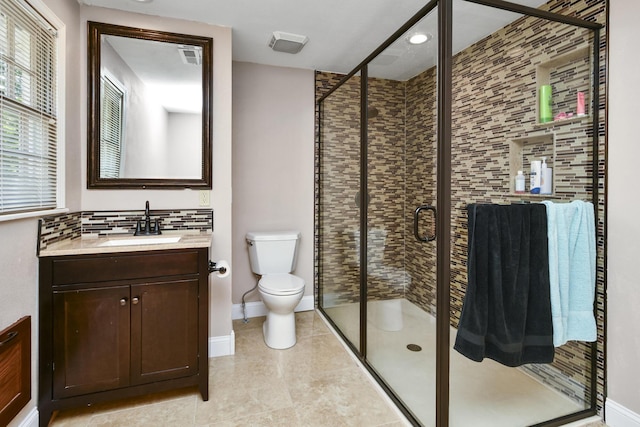 3011 E Lamonta Dr, Springfield, MO 65804 - bathroom with vanity, a stall shower, tasteful backsplash, plenty of natural light, and recessed lighting