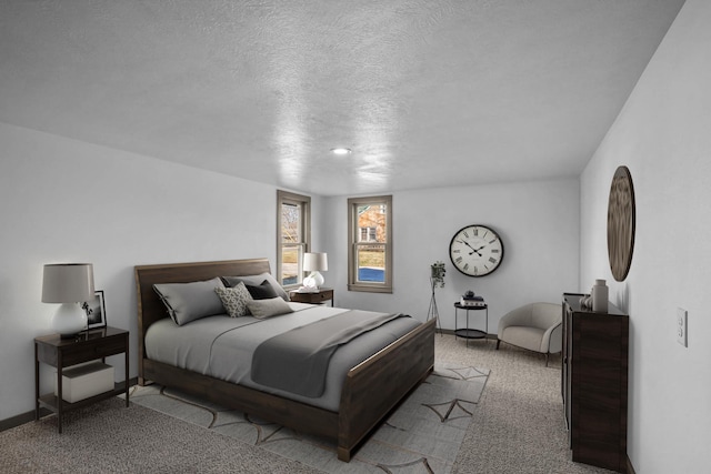 bedroom with light colored carpet and a textured ceiling