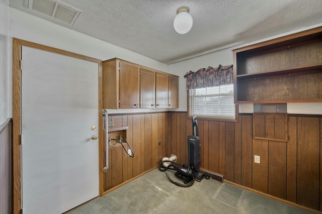 washroom featuring carpet, washer hookup, a textured ceiling, and wooden walls