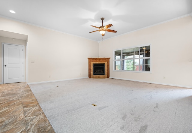 unfurnished living room featuring ceiling fan and ornamental molding