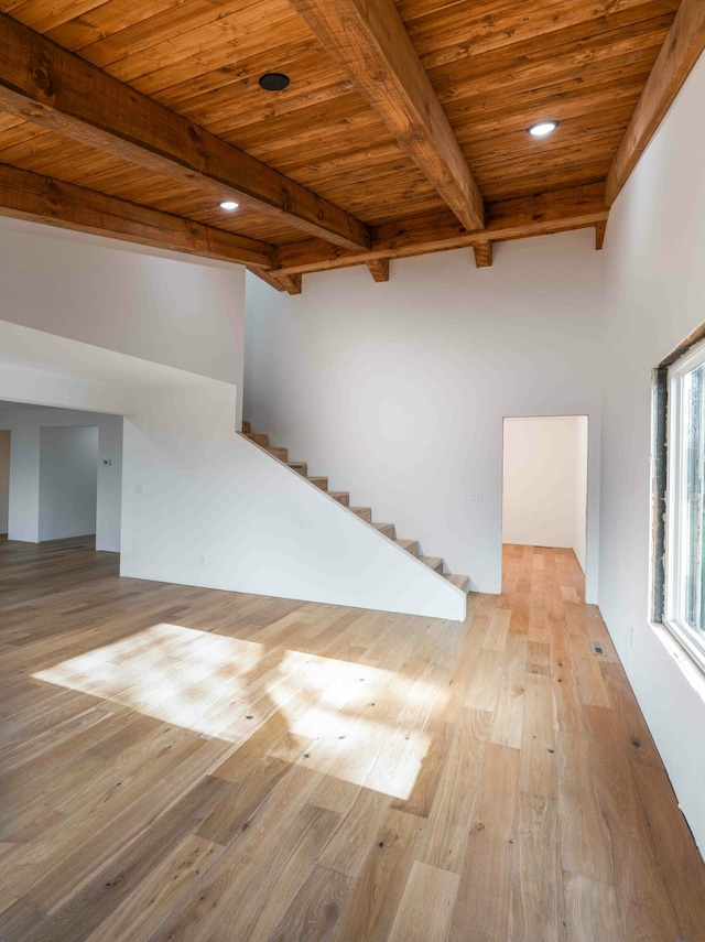 interior space with beamed ceiling, light wood-type flooring, and wooden ceiling