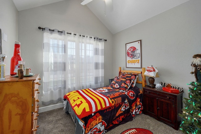 carpeted bedroom featuring ceiling fan and lofted ceiling