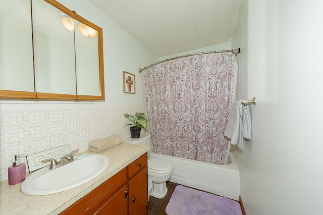 full bathroom featuring decorative backsplash, vanity, shower / bath combination with curtain, and toilet