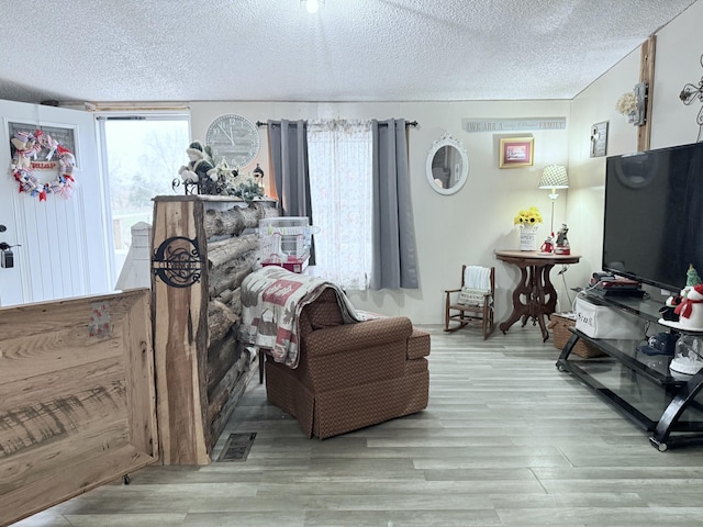 living room with a textured ceiling and light hardwood / wood-style flooring