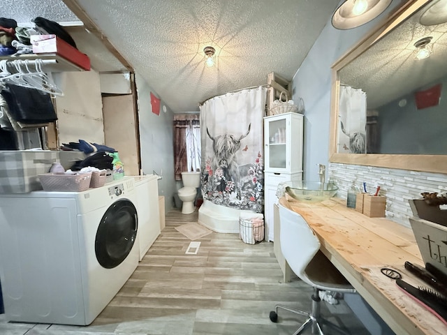 interior space with decorative backsplash, a textured ceiling, sink, washer / clothes dryer, and toilet