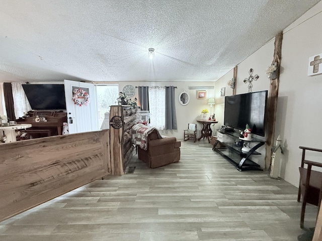 living room with a textured ceiling and light hardwood / wood-style floors