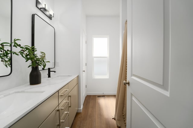 bathroom with hardwood / wood-style floors and vanity