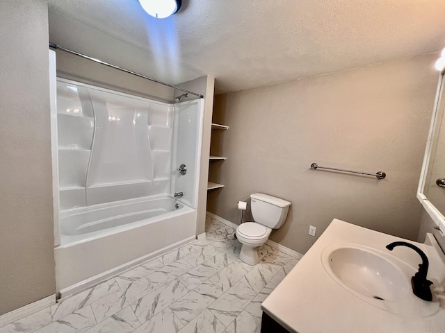 full bathroom with vanity, toilet, shower / bath combination, and a textured ceiling