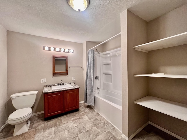 full bathroom featuring a textured ceiling, vanity, toilet, and shower / bathtub combination with curtain