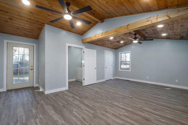 empty room featuring vaulted ceiling with beams, wooden ceiling, dark hardwood / wood-style floors, and ceiling fan