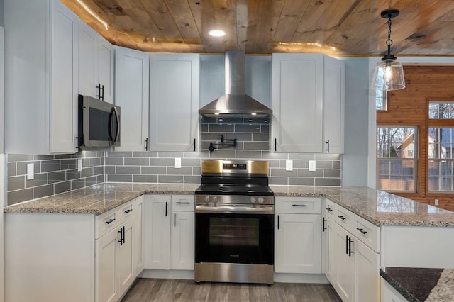 kitchen featuring stainless steel appliances, white cabinetry, wall chimney range hood, and wooden ceiling