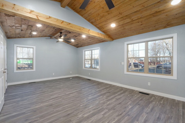 empty room featuring wood ceiling, ceiling fan, dark hardwood / wood-style floors, and vaulted ceiling with beams