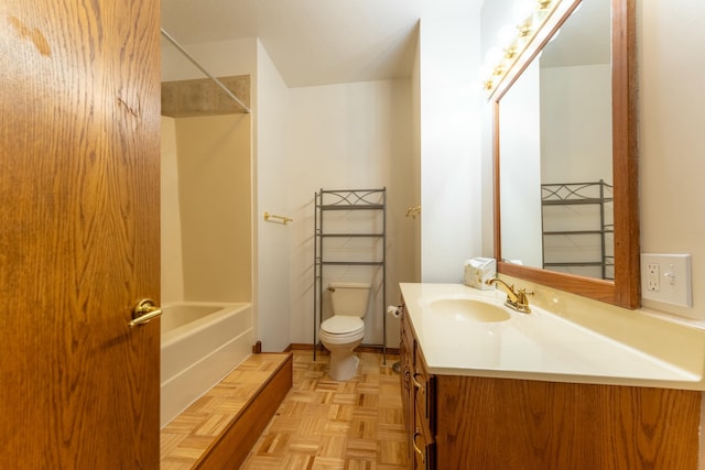 full bathroom featuring parquet flooring, vanity, toilet, and washtub / shower combination