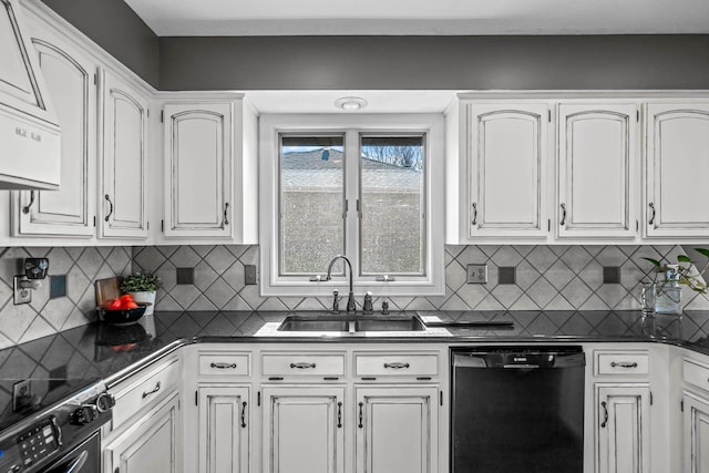 kitchen with backsplash, sink, white cabinets, black dishwasher, and stainless steel range with electric cooktop