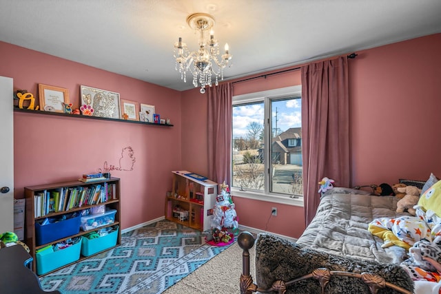 carpeted bedroom with a notable chandelier and multiple windows