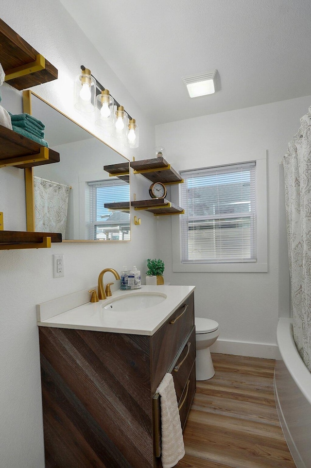 bathroom with vanity, a healthy amount of sunlight, toilet, and wood-type flooring