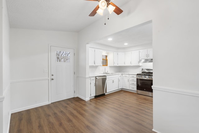 kitchen with sink, dark hardwood / wood-style floors, ceiling fan, white cabinetry, and stainless steel appliances